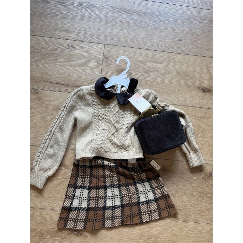 Happily Tan Cable Knit Sweater & Plaid Skirt Set w/ Velour Purse Girls XS 4 4t